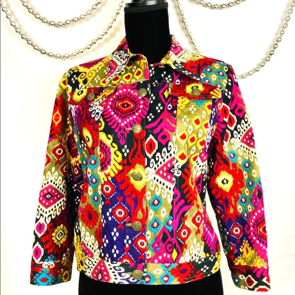 Ruby Rd Colorful Ikat Textured Jean Jacket - Picture 4 of 6